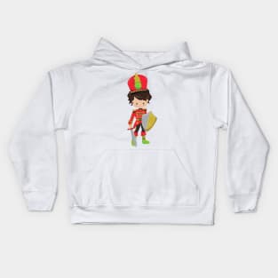 Soldier, Cute Boy, Sword, Shield, Brown Hair Kids Hoodie